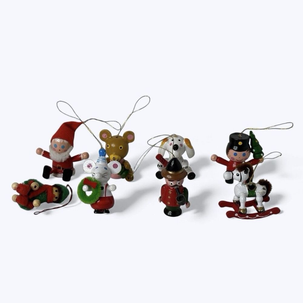 8 Vtg Miniature Wooden Christmas Ornaments Hand Painted Santa Dog Mouse Taiwan